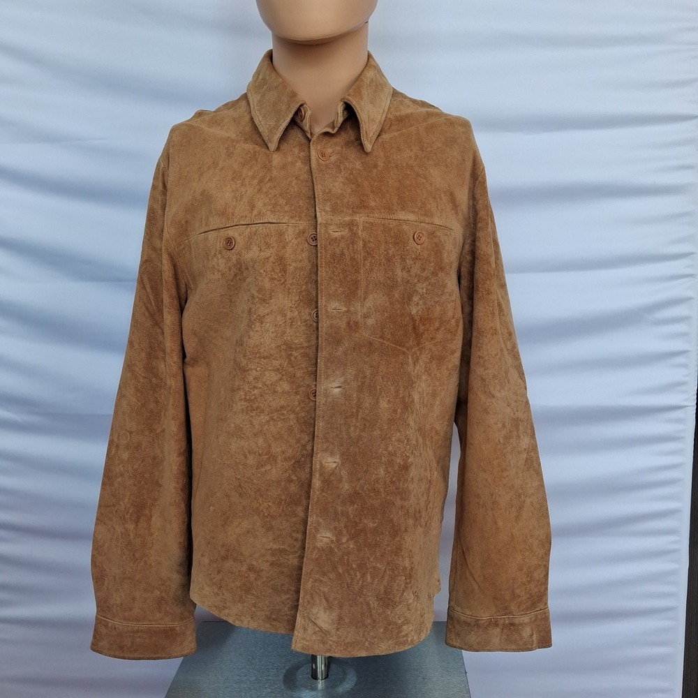 Danier Leather Suede Shirt Jacket Mens Tan Brown Button Front Lined Pockets